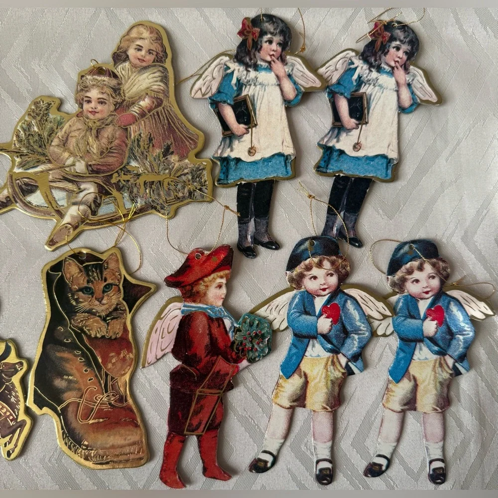 Vintage Holiday Christmas Paper  Ornaments Set with Red, Blue, and Gold Accents
